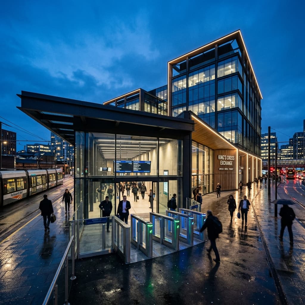Modern UK transport hub and commercial real estate campus at blue hour